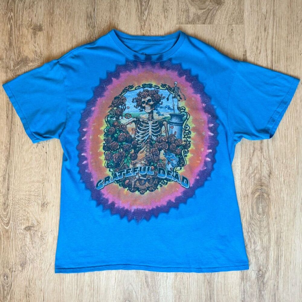 Grateful Dead Liquid Blue T-Shirt Blue Skeleton Roses Art Large